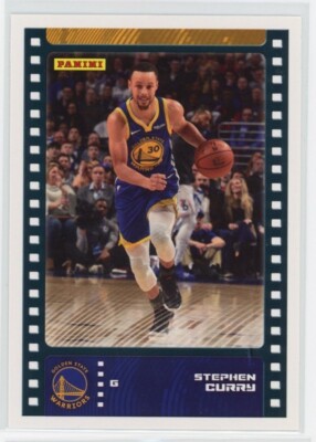 Panini basketball trading card featuring Stephen Curry in Golden State Warriors uniform dribbling on the court.
