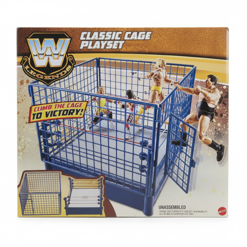 Mattel WWE Legends Classic Cage Playset steel cage wrestling ring toy in retail box on white background
