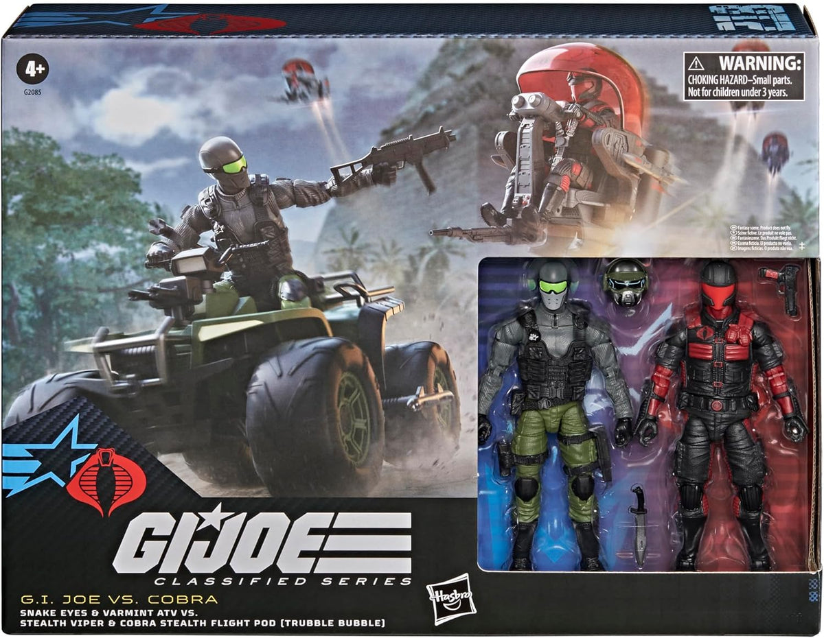 G.I. Joe 6" Classified Series Snake Eyes & Varmint ATV vs Stealth Viper & Cobra Stealth Flight Pod (Trubble Bubble)